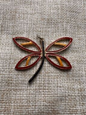 VINTAGE Red, Yellow, and Black Enamel Dragonfly Necklace Pendant